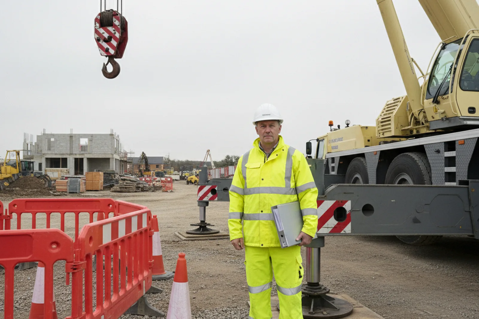 A crane supervisor reviewing a lift against BS 7121 on a UK construction site — categorising the lift as basic, standard or complex