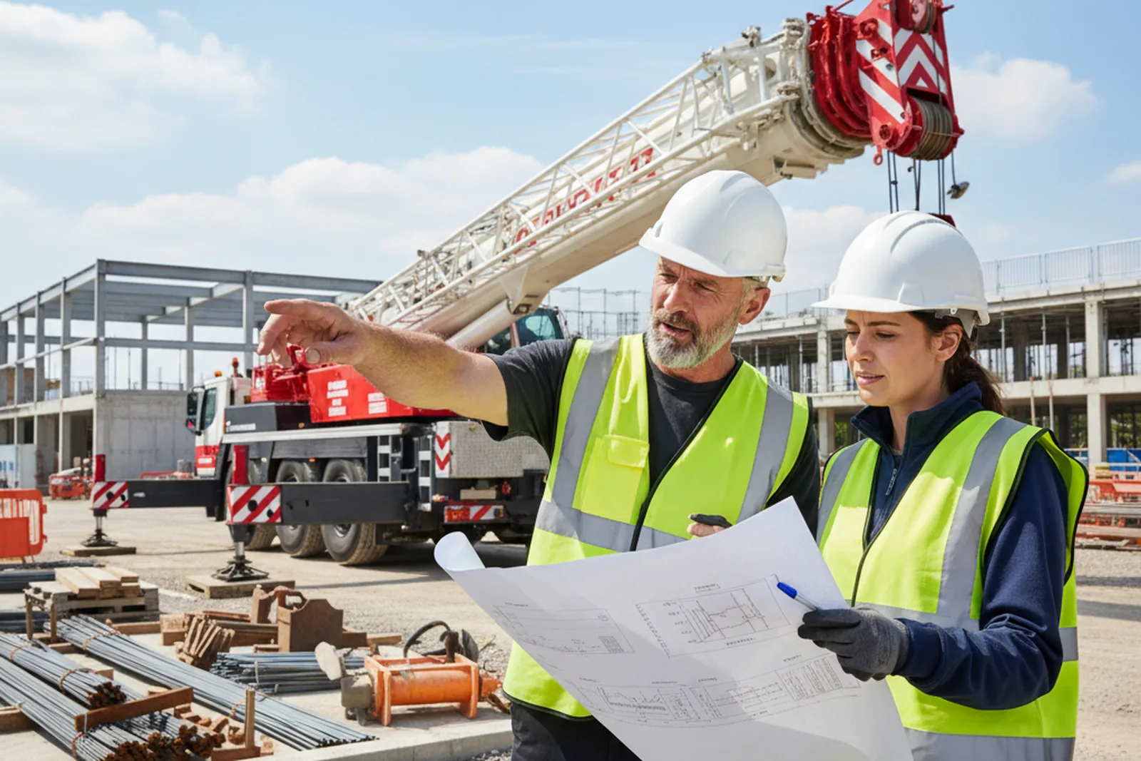 Site managers discussing which lift plan provider to use on a UK construction site