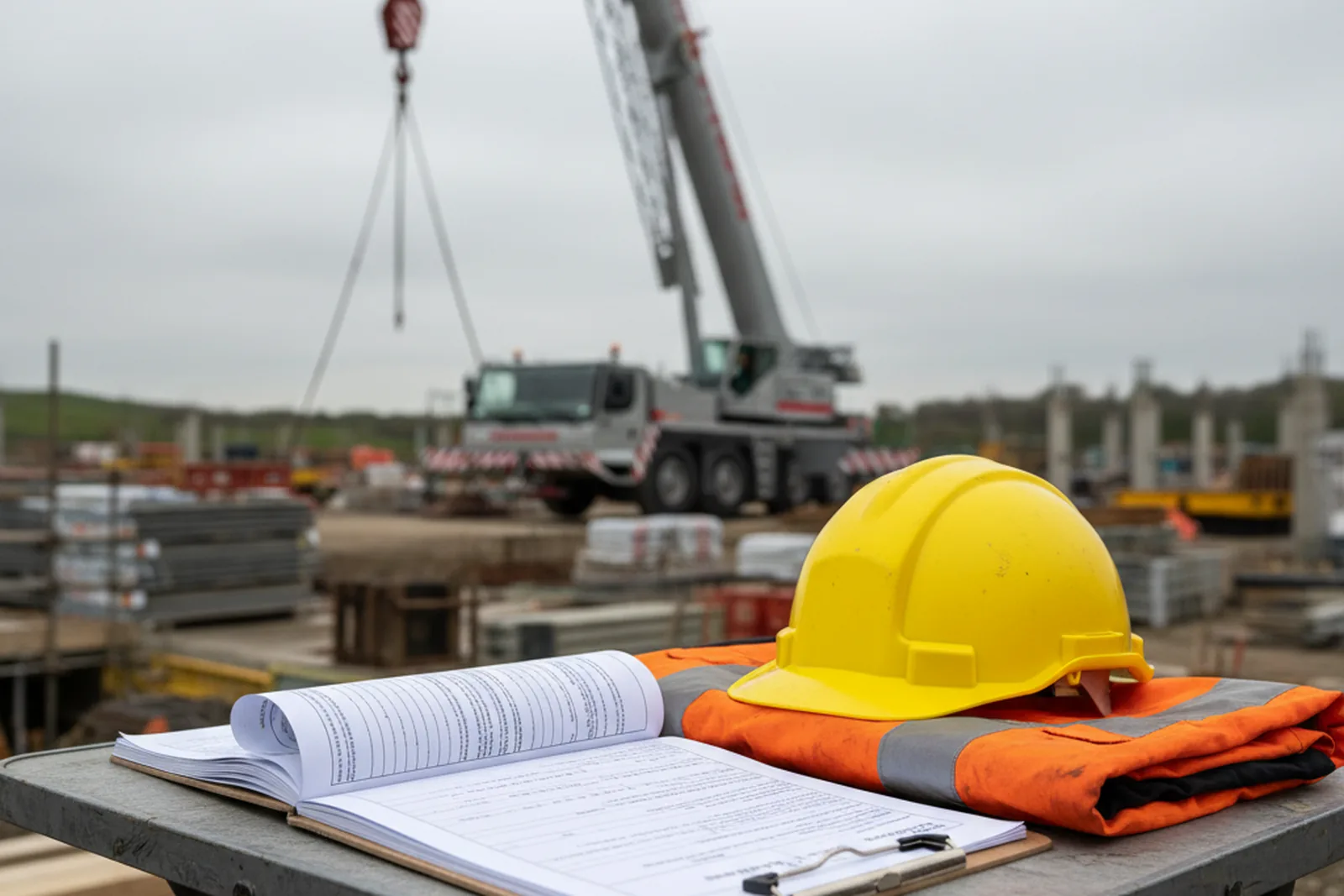 A lifting method statement and RAMS document on a clipboard on a UK construction site