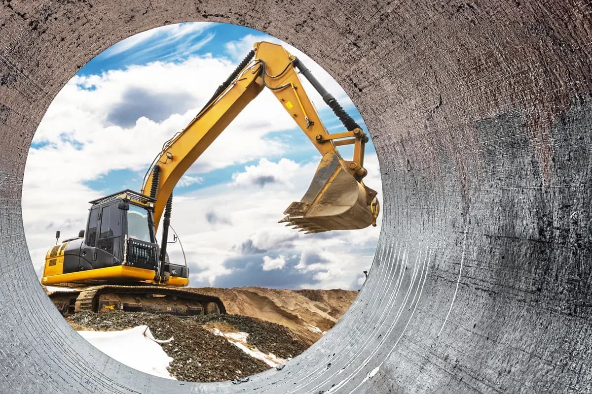A 360-degree excavator lifting a pipe section on a UK construction site using a dedicated lifting point — object handling under LOLER 1998