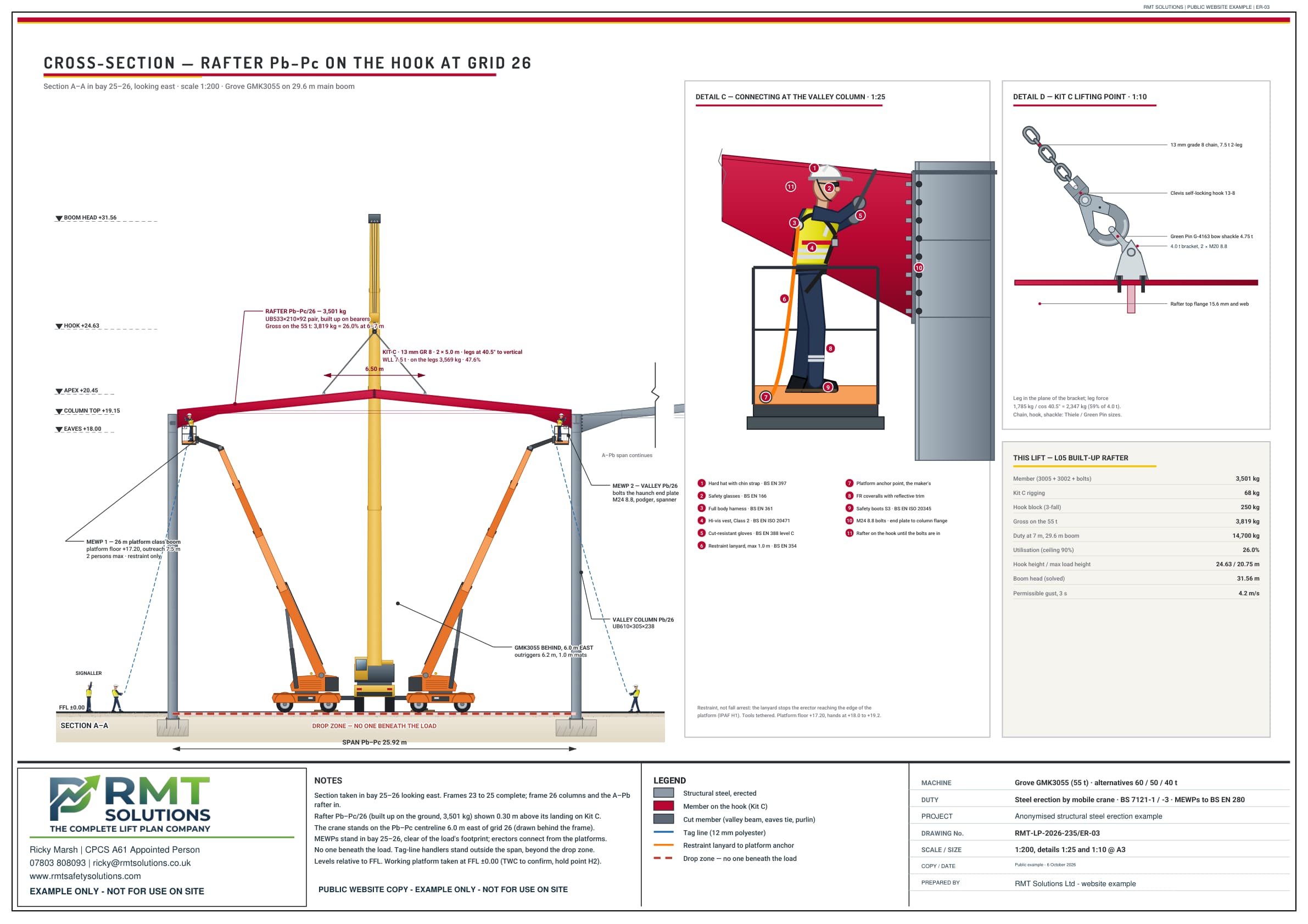 RMT steel erection cross-section drawing showing the crane and structural steelwork