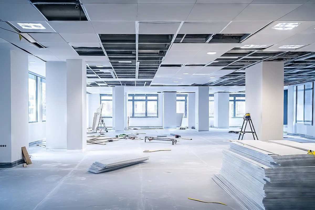 High-level construction work on a UK development — the kind of access task where lifting people by crane is sometimes the only practicable option