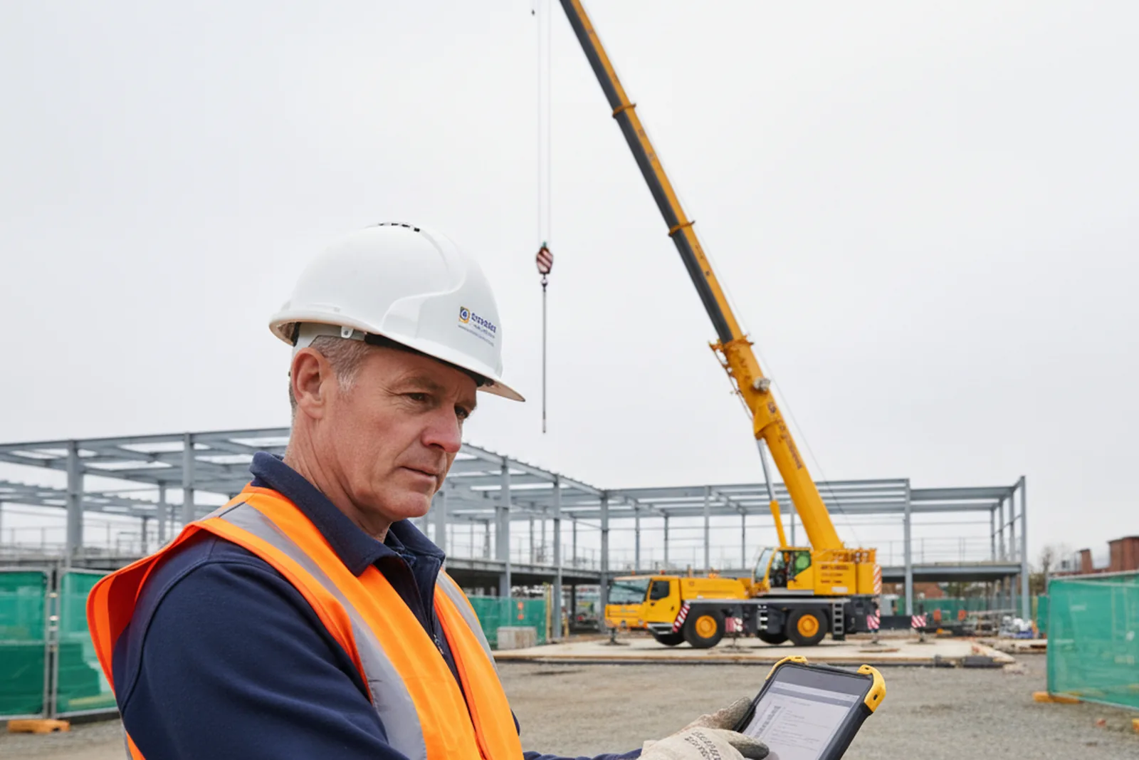 Appointed Person reviewing a lift plan on a UK construction site — under CPA crane hire this planning duty sits with the hirer, not the crane company