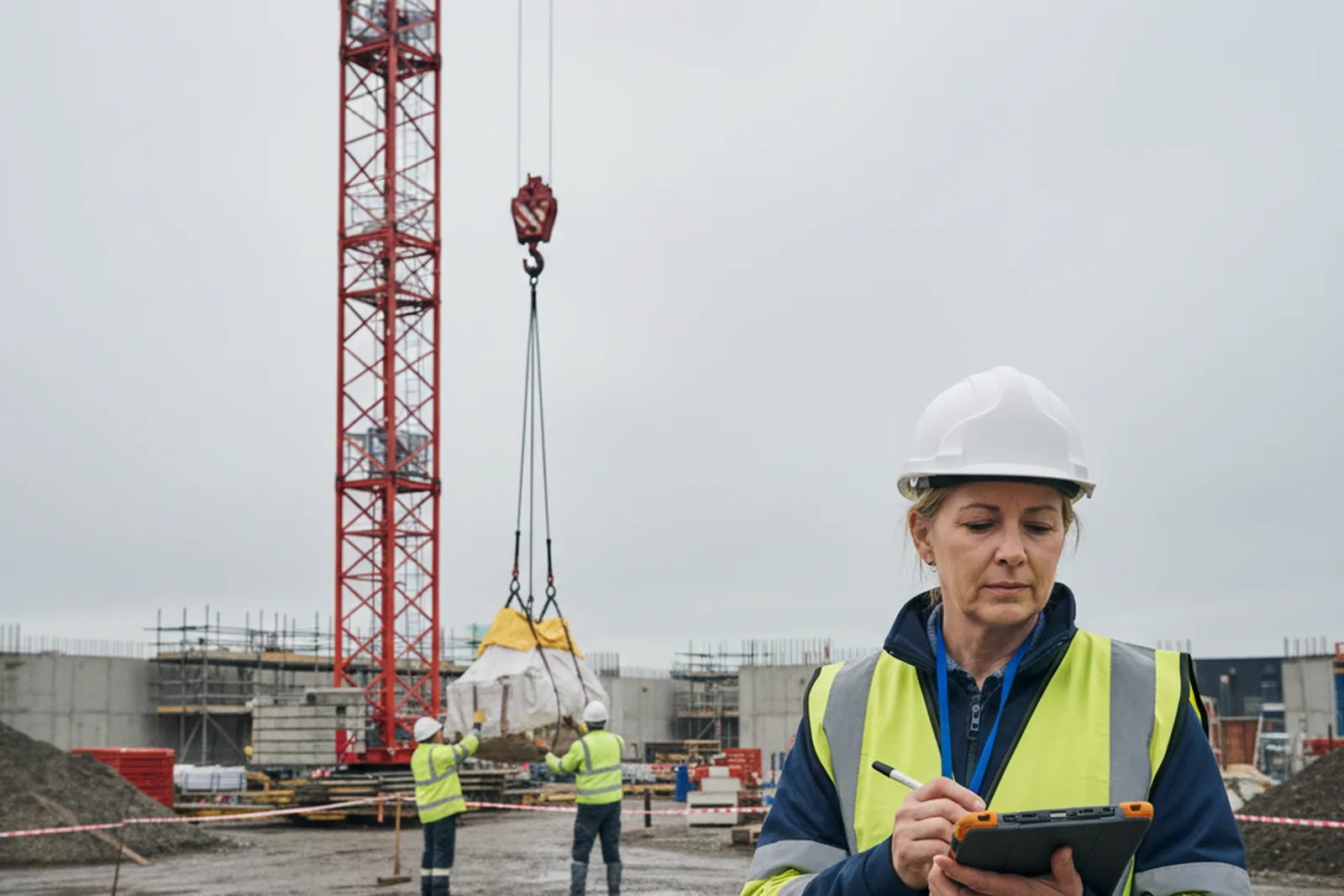 Independent auditor observing a tower crane lifting operation from behind the exclusion zone on a UK construction site, carrying out a lifting operations audit