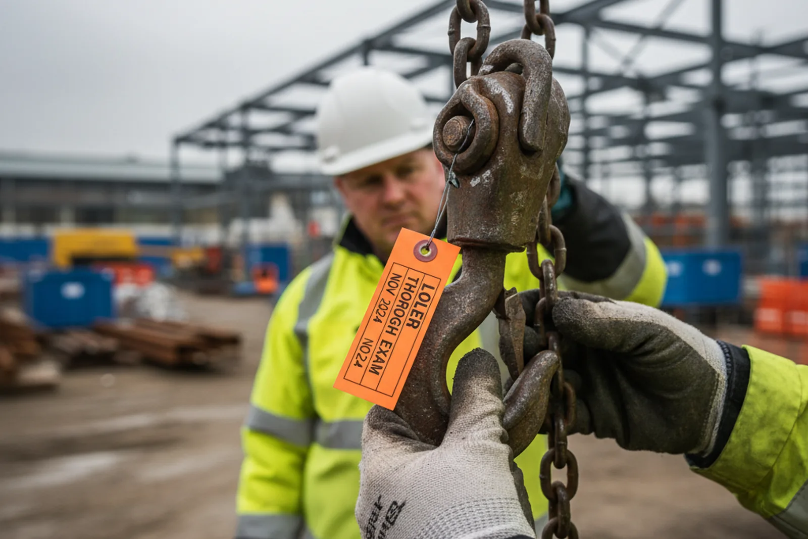 Competent person carrying out a LOLER thorough examination of lifting equipment on a UK site