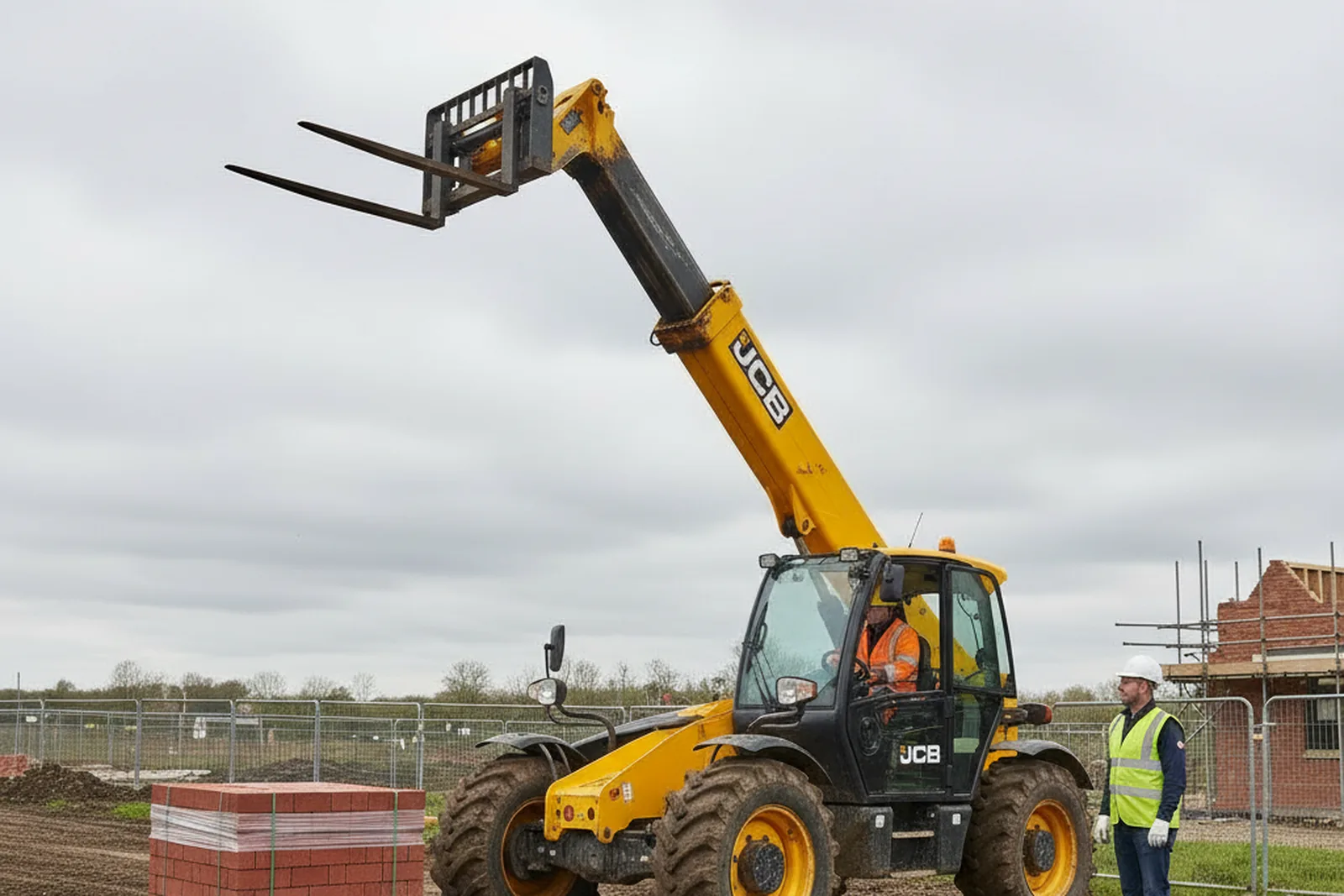 JCB telehandler with boom raised on a UK construction site, set to lift a palletised load on its forks — work that requires a telehandler lift plan