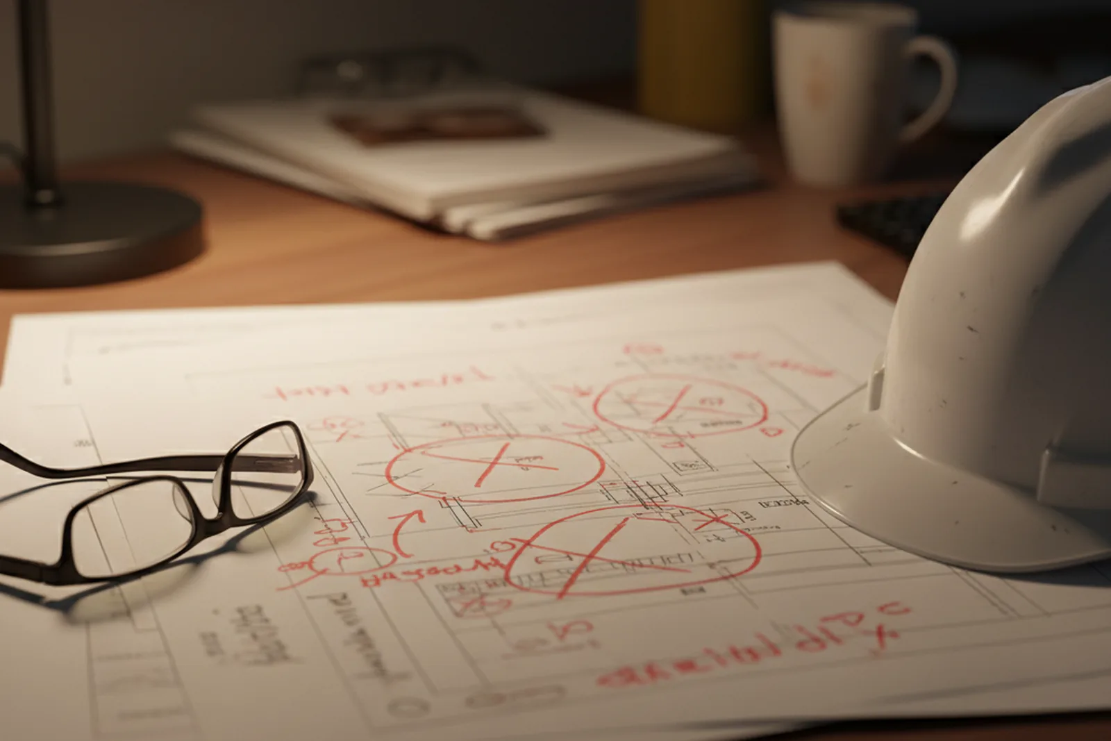 A printed lift plan on a site office desk marked up with red-pen corrections and circled notes, beside reading glasses and a hard hat — the kind of errors caught during an independent lift plan review